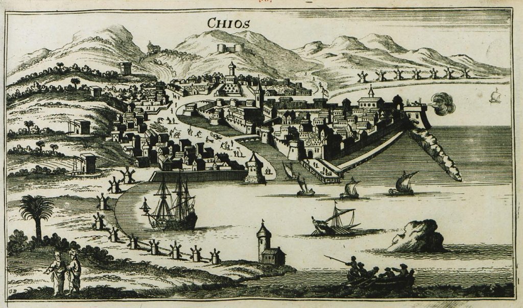 Άποψη της πόλης της Χίου και του λιμανιού της κατά το 1690 μ.Χ. Αρχείο 'Με το βλέμμα των Περιηγητών', Ίδρυμα Αικατερίνης Λασκαρίδη
