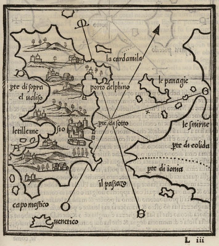 Χάρτης που απεικονίζει την Χίο το 1547 μ.Χ. Αρχείο 'Με το βλέμμα των Περιηγητών', Ίδρυμα Αικατερίνης Λασκαρίδη